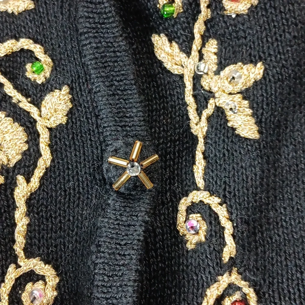 Arriviste Woman Black Cardigan Sweater w/ Shiny Gold Embroidery & Beads Size XXL